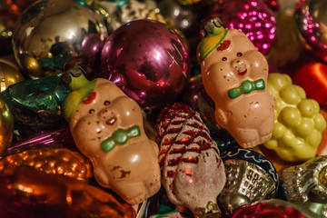 Different colorful Christmas toys ,golden fish, stars, cones. New year.Christmas background.Seventies of the last century