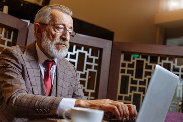 Eldely male successful scientist dressed in formal grey suit, working on laptop, searching important details of work, has confident serious expression, sitting at cafe table with cuo of coffee