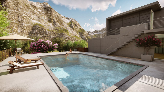 3D Render Of A Contemporary Villa And Outdoor Swimming Pool