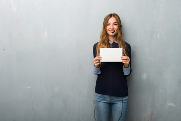 Telemarketer woman holding a placard for insert a concept