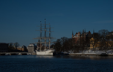 Fototapeta na wymiar A full-rigger, at Skeppsholmen island in Stockholm 
