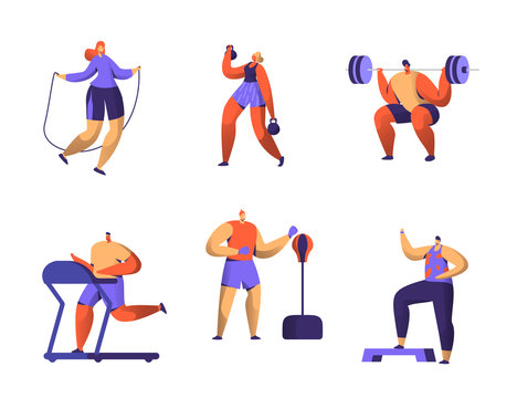 Gym Fitness Character Set. Sport Cardio Workout Man and Woman Figure Collection. Healthy Aerobic Weightlifter, Boxer Athlete Trainer Flat Vector Illustration