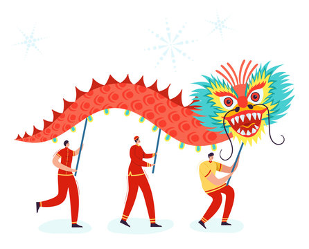 Chinese Lunar New Year People holding Dragon, wearing china traditional costume on parade or carnival. Characters in cartoon style vector illustration
