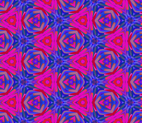 Seamless hexagonal bright pattern from geometrical abstract ornaments multicolored in red, pink and blue shades. Vector illustration. Suitable for fabric, wallpaper or wrapping paper