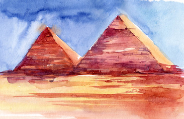 Egyptian pyramids. Landscape. Watercolor illustration