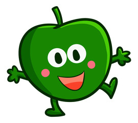 Cute and funny green apple dancing and laughing - vector.