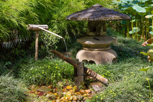 Rio de Janeiro, Brazil, Japanese corner in the Botanical garden. Japanese bamboo fountain. Another cozy corner of the garden is a Japanese garden. with all its inherent attributes