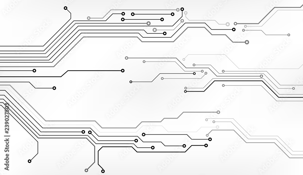Fototapete Circuit Board Technology Information Pattern Concept Vector Background. Grayscale Color Abstract PCB Trace Data Infographic Design Illustration.