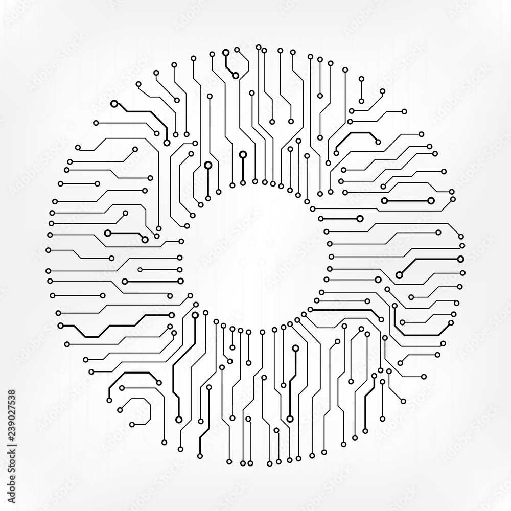 Poster Circuit Board Technology Information Pattern Concept Vector Background. Grayscale Color Abstract PCB Trace Data Infographic Design Illustration.