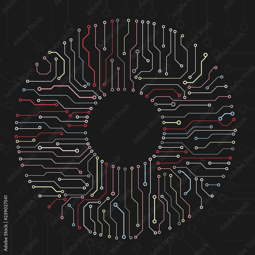 Poster Circuit Board Technology Information Pattern Concept Vector Background. Modern Color Abstract PCB Trace Data Infographic Design Illustration.