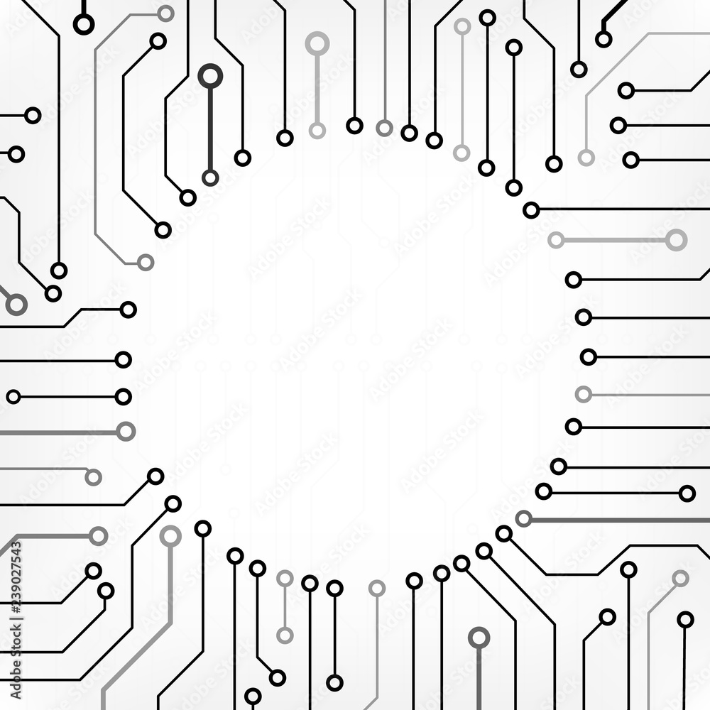 Poster Circuit Board Technology Information Pattern Concept Vector Background. Grayscale Color Abstract PCB Trace Data Infographic Design Illustration.