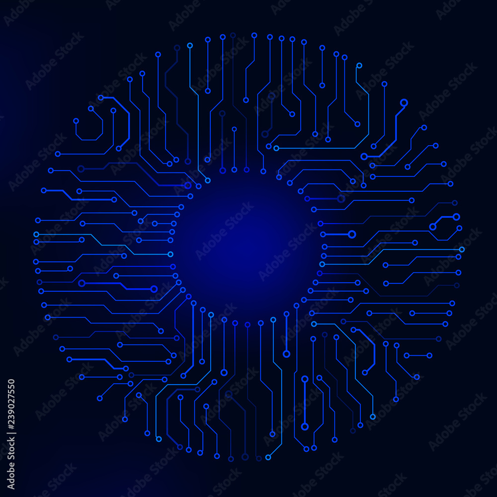 Poster Circuit Board Technology Information Pattern Concept Vector Background. Blue Scifi Color Abstract PCB Trace Data Infographic Design Illustration.
