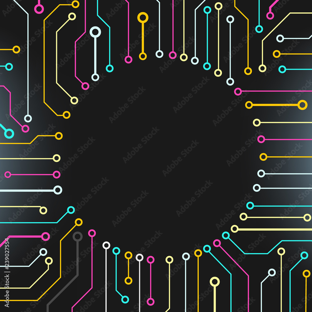 Poster Circuit Board Technology Information Pattern Concept Vector Background. Modern Color Abstract PCB Trace Data Infographic Design Illustration.