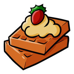 Funny and yummy waffle with cream and strawberry on top - vector