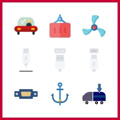 9 port icon. Vector illustration port set. anchor and usb cable icons for port works