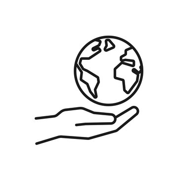 Black isolated outline icon of planet earth in hand on white background. Line Icon of planet, globe and hand. Symbol of care, charity.