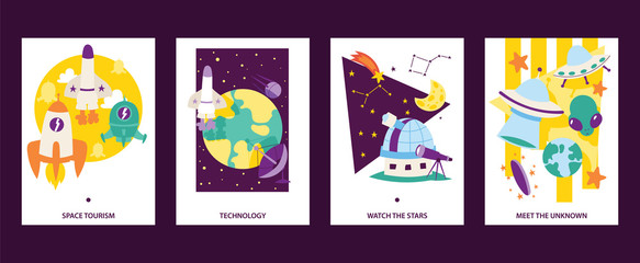 Space science cards set. Flying rockets. Space tourism. Technoogy. Watch the stars. Meet the uknown. Satellites, cartoon alliens and UFO spaceship icons vector illustration.