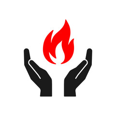 Isolated icon of flame in hands on white background. Silhouette of red fire and black hands. Symbol of healing.