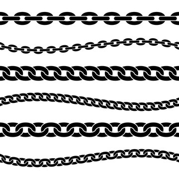 Set of black isolated silhouette of chains on white background. Seamless pattern of chain. Decorative border