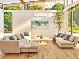 modern bright interiors Living room with air conditioning illustration 3D rendering computer...