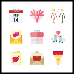 9 valentine icon. Vector illustration valentine set. love letter and love birds icons for valentine works