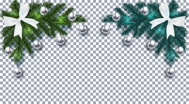 New Year. Christmas. Green and blue Christmas tree branch with toys with shadow. Corner drawing. White bow, silver balls with a pattern on a checkered background. illustration