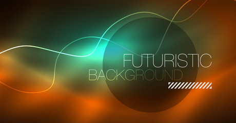 Abstract shiny glowinng color wave design element on dark background - science or technology concept