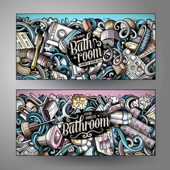 Bathroom hand drawn doodle banners set. Cartoon detailed flyers.