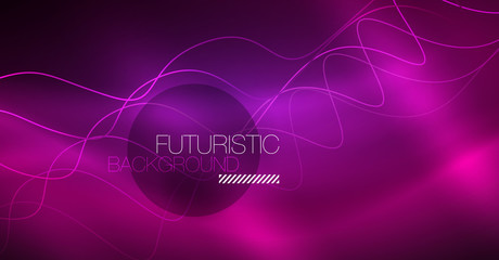 Abstract shiny glowinng color wave design element on dark background - science or technology concept