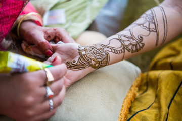 applying henna on hand, Hindu wedding ,Rajasthan, India