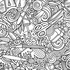 Fototapeta na wymiar Manicure hand drawn doodles seamless pattern. Nails art background