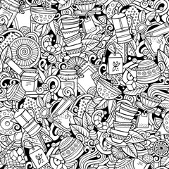 Obraz premium Cartoon cute doodles hand drawn Tea House seamless pattern.