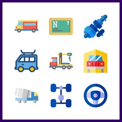 9 truck icon. Vector illustration truck set. nitrogen and crane truck icons for truck works