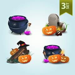 Set of Halloween icons. Witch's pot, tombstone, pumpkins, candles