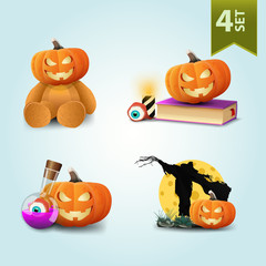 Set of Halloween icons. Flask with poison, spell book, scarecrow, Teddy bear