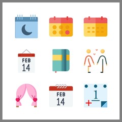 9 date icon. Vector illustration date set. agenda and boyfriend icons for date works