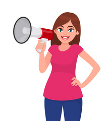 Attractive woman holding a megaphone/loud speaker and holding hand on hip. Girl making announcement with megaphone. Megaphone and loudspeaker concept illustration in vector cartoon style.