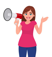 Beautiful woman holding a megaphone/loud speaker, gesturing hand. Girl making announcement with megaphone, communicates shouting loud. Megaphone and loudspeaker concept illustration in vector cartoon.
