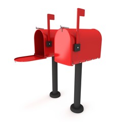 Mailbox with open door and raised flag. 3d render illustration isolated on white background.