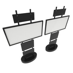 LCD Screen Stand. Blank Trade Show Booth. 3d render of lcd screen isolated on white background. High Resolution. Ad template for your expo design.