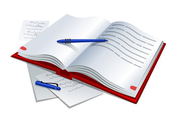 vector illustration of notebook is opened with a red cover on top of the pen