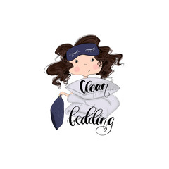 Brunette Hair Girl With Pillows Isolated On A White Background Clean Bedding Hand Drawn Illustration