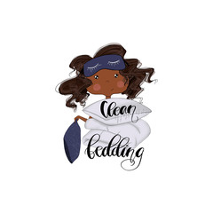 African American Girl With Pillows Isolated On A White Background Clean Bedding Hand Drawn Illustration