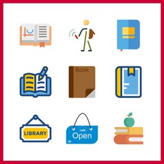 9 textbook icon. Vector illustration textbook set. library and open book icons for textbook works