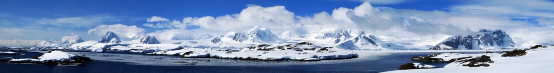 Great panorama view over Pennola Strait near Galindez Island, Vernadsky base in Antarctic