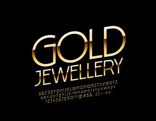Vector stylish logo Gold Jewellery. Chic Golden rotated Alphabet Letters, Numbers and Symbols. Slim glossy Font.