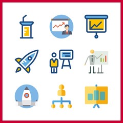 9 conference icon. Vector illustration conference set. presentation and startup icons for conference works