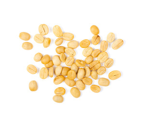 raw coffee beans on white background. top view