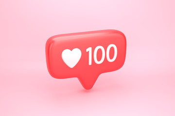 One hundred likes social media notification with heart icon