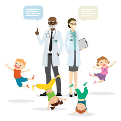 Couple of doctors and happy active kids,Children Health concept,